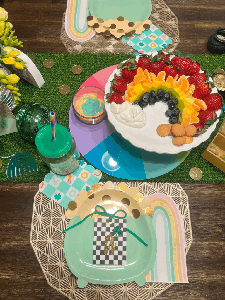 St Patrick’s Day Tablescape with rainbow fruit platter