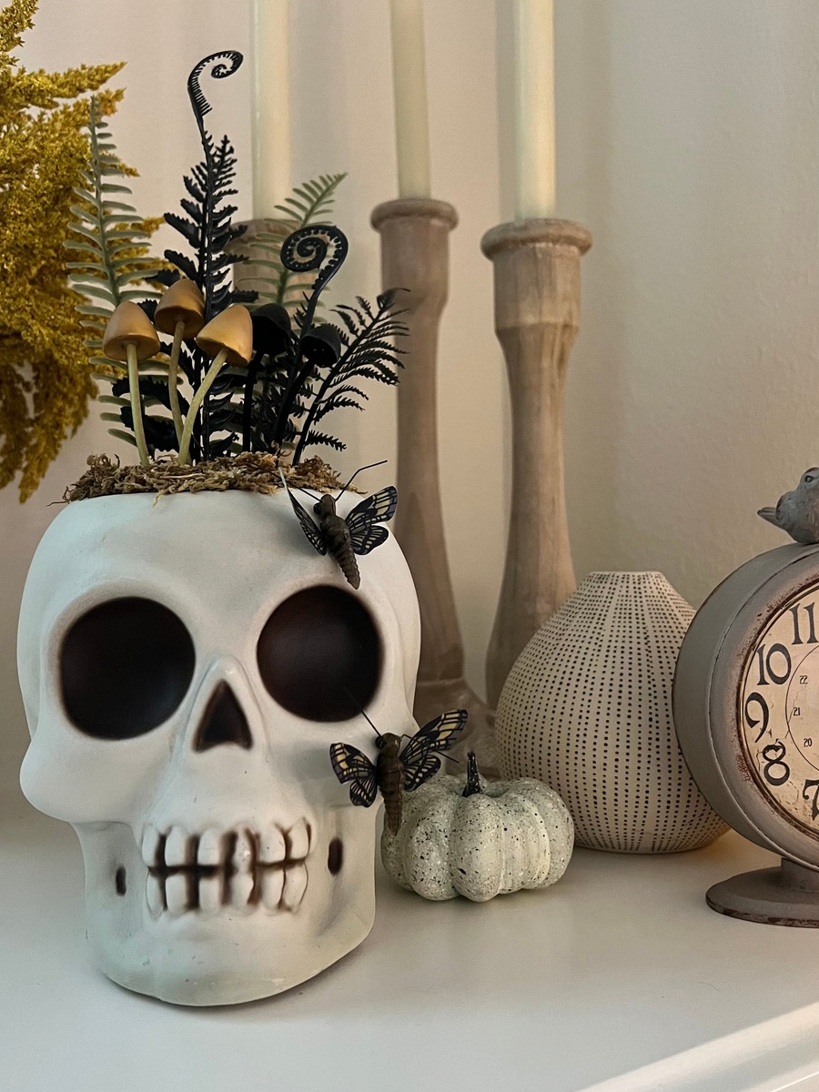 Faux skull with fake plants coming out of the top, on a shelf next to some candles and fake pumpkins